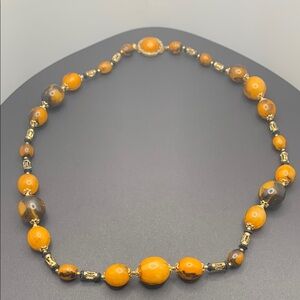 Vintage Gold Tone Orange and Brown Acrylic Beaded Necklace 23” Marked Hong Kong